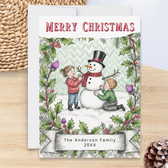 Building a Snowman | Retro Personalized Christmas Holiday Card (A personalized Christmas card in retro style, with whimsical picture of children building a snowman)
