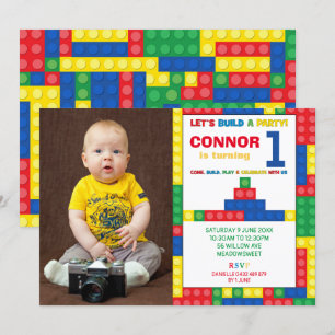 Building Block 1st Birthday Party Colorful Bricks Invitation