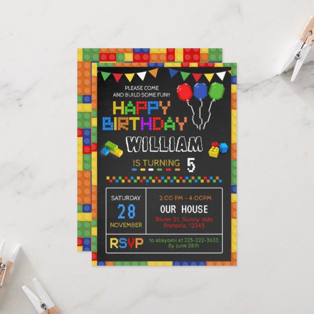 Building Block Birthday Invitation, Puzzle Invite (Front/Back In Situ)