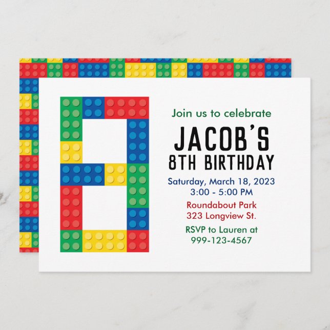 Building Block Party Invitation for 8th Party (Front/Back)