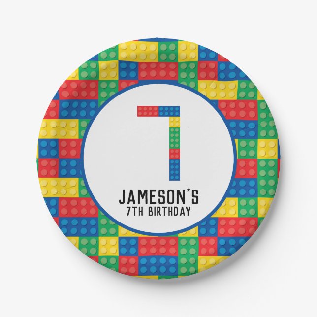 Building Blocks 7th Birthday Paper Plates (Front)