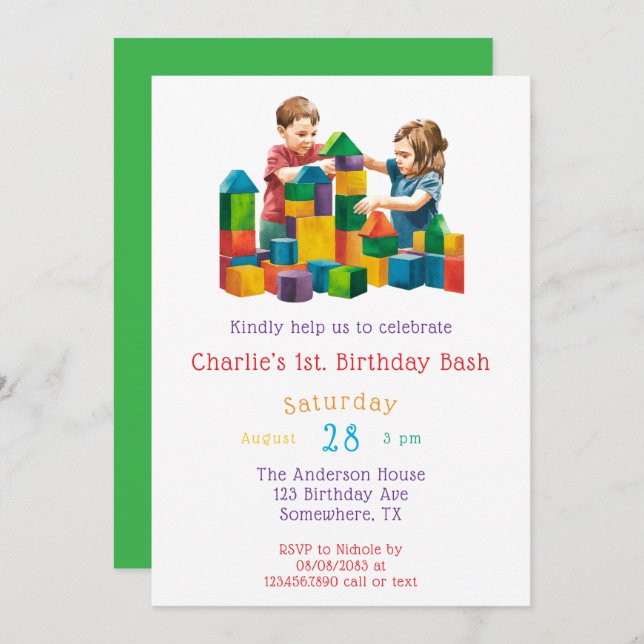 Building Blocks at the Birthday Bash Invitation (Front/Back)