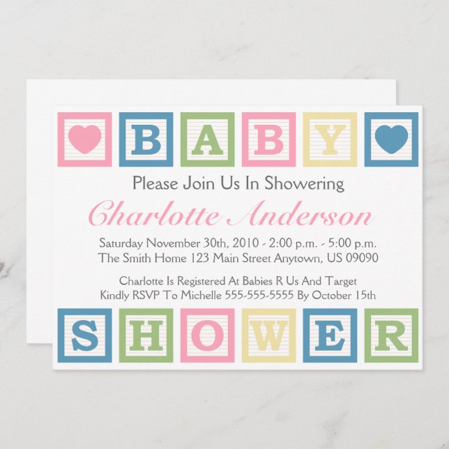 Building Blocks Baby Shower Invitiations (Pink) Invitation (Front/Back)
