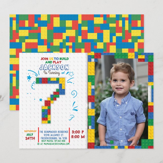 Building Blocks Birthday Bricks 7 years Invitation (Front/Back)