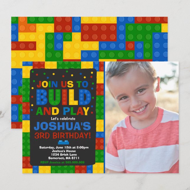 Building Blocks Birthday Invitation Bricks Party (Front/Back)