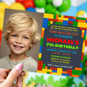 Building blocks birthday party photo invitation