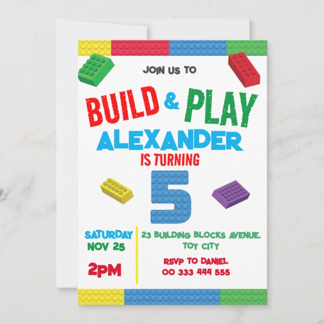 Building Blocks Boy 5th Birthday Toy Invitation (Front)