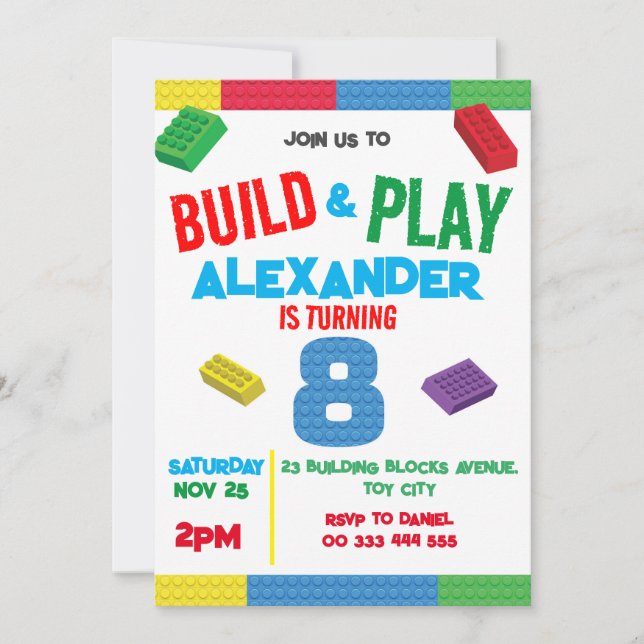 Building Blocks Boy 8th Birthday Toy Invitation (Front)