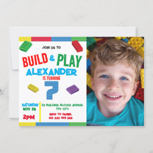 Building Blocks Bricks Boy 7th Photo Birthday Invitation
