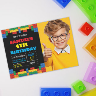 Building Blocks Construction Photo Birthday Invitation