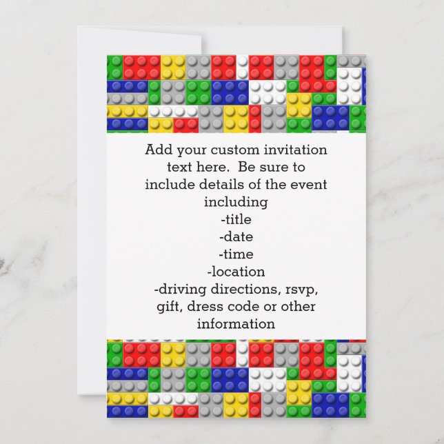 Building Blocks Primary Colour Boy's Birthday/Part Invitation (Back)