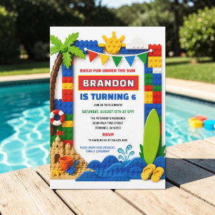 Building Blocks Summer Pool Party 6th Birthday Invitation