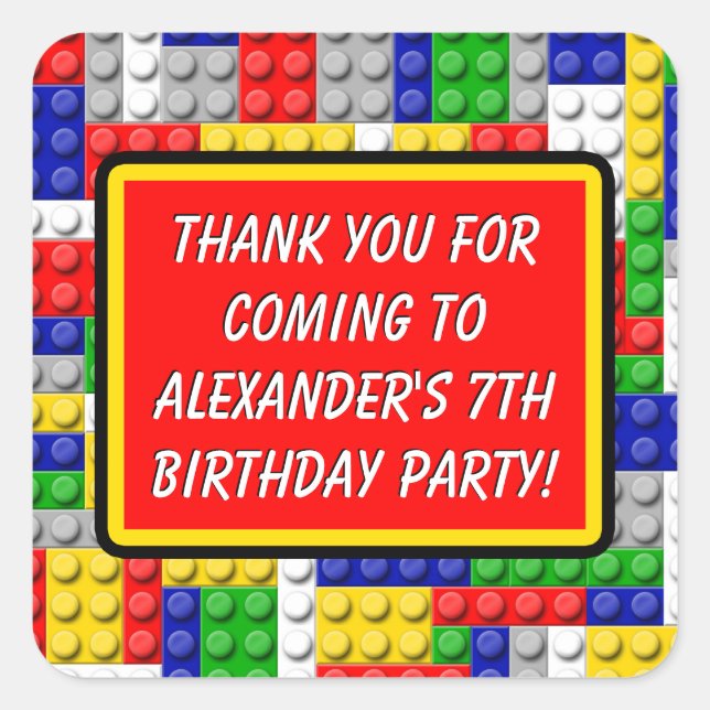 Building Blocks Thank You Boy's Birthday Party Square Sticker (Front)