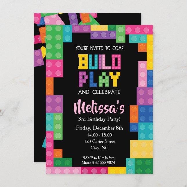 Building Bricks Birthday party Girls Invitation (Front/Back)
