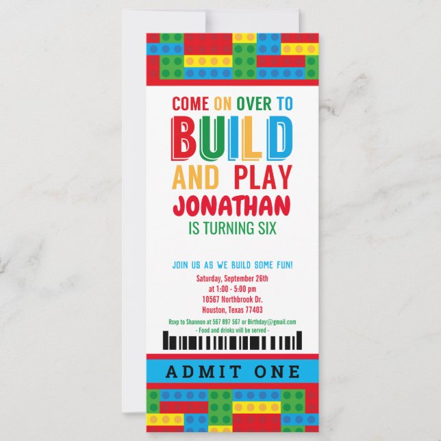 Building bricks birthday party invitation (Front)