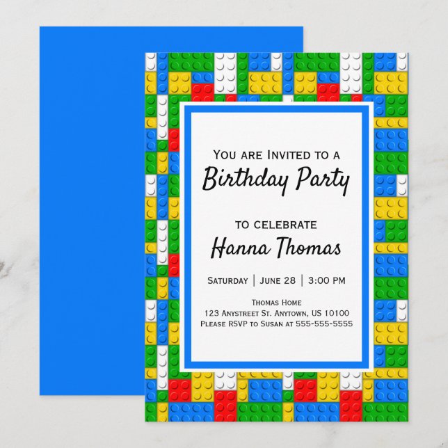 Building Bricks Construction Toy Birthday Invitation (Front/Back)