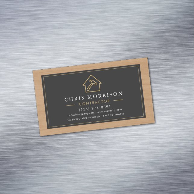 Building Construction Black Gold Wood QR Code Magnetic Business Card (In Situ)