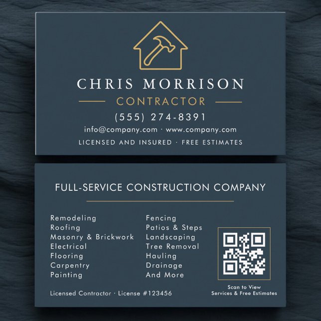 Building Construction Blue Gold QR Code Business Card (Creator Uploaded)