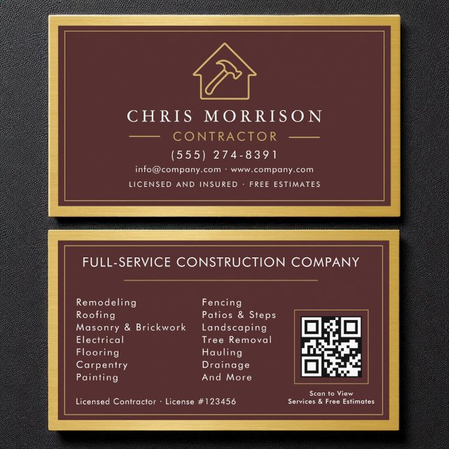 Building Construction Burgundy Gold Metal QR Code Business Card (Creator Uploaded)