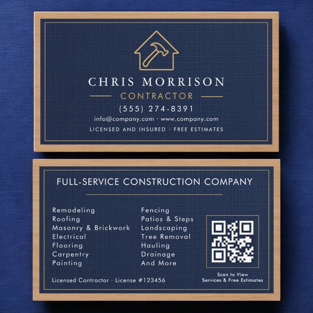 Building Construction Linen Navy Blue Gold Wood Business Card (Creator Uploaded)