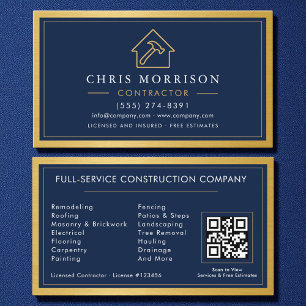 Building Construction Navy Blue Gold Metal QR Code Business Card