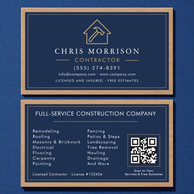 Building Construction Navy Blue Gold Wood QR Code Business Card (Creator Uploaded)