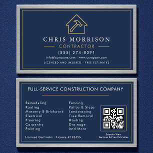 Building Construction Navy Blue Metal QR Code Business Card