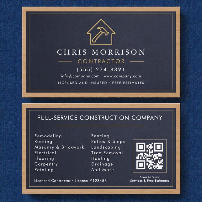 Building Construction Stone Navy Blue Gold Wood Business Card (Creator Uploaded)