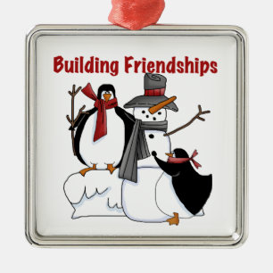 Building Friendships Holidays Snowman Penguins Metal Tree Decoration