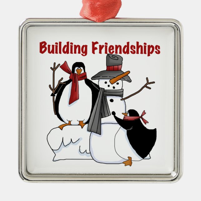 Building Friendships Holidays Snowman Penguins Metal Tree Decoration (Front)