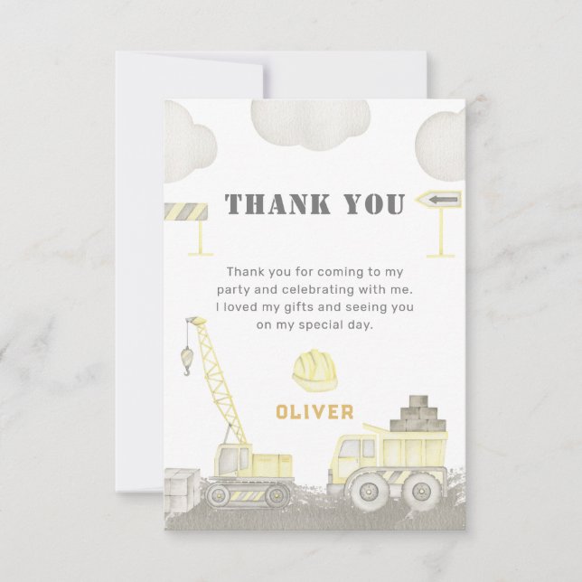 Building Fun Construction Kids Boy Birthday Party Thank You Card (Front)