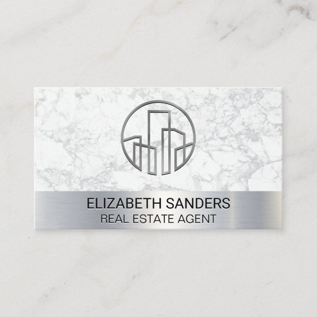 Building Icon | White Marble | Metallic Business Card (Front)