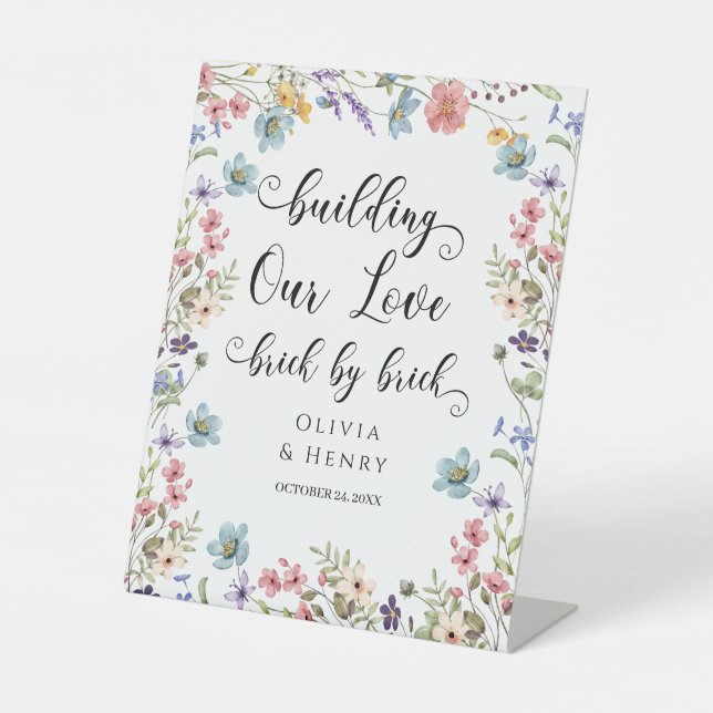 Building Our Love Brick By Brick Wedding Table Pedestal Sign (Front)
