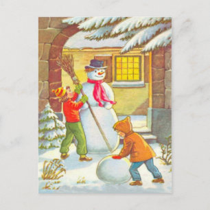 Building snowmen holiday postcard