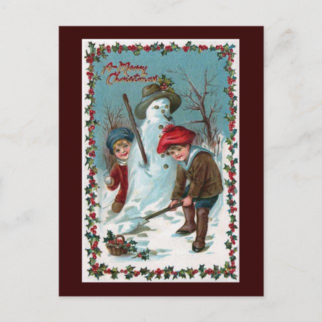 "Building the Snowman" Vintage Postcard (Front)