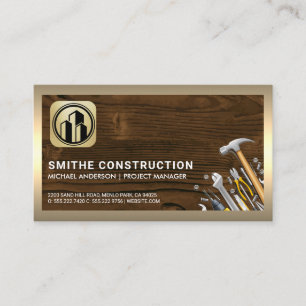 Building Tools Wood Gold Border Business Card