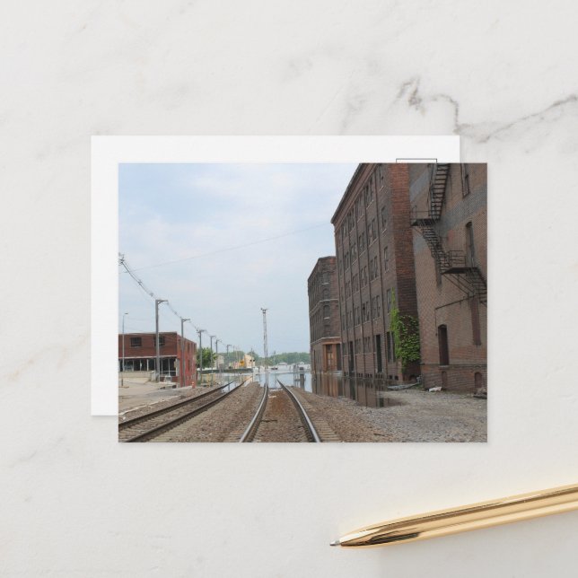 Buildings and Flooded Tracks in Burlington, Iowa Postcard (Front/Back In Situ)