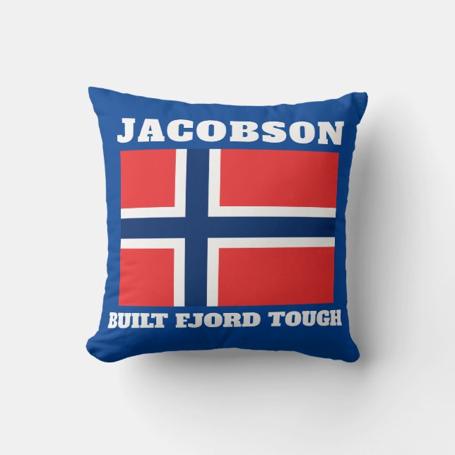 "Built Fjord Tough" and Norwegian Flag  Cushion (Front)