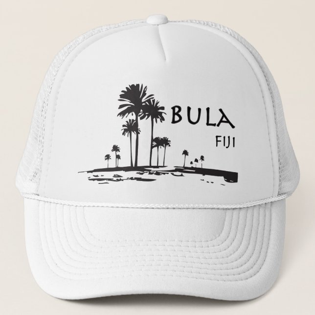 Bula Fiji Palm Tree Graphic Trucker Hat (Front)