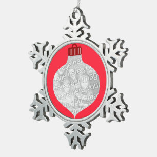 Bulb Shape for Photo Red Snowflake Pewter Christmas Ornament