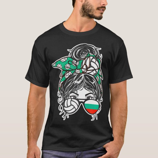 Bulgaria Volleyball Fans Messy Bun Hair Girl T-Shirt (Front)