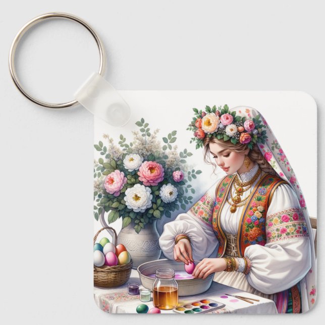 Bulgarian Easter Watercolor Woman Flowers Eggs Key Ring (Front)
