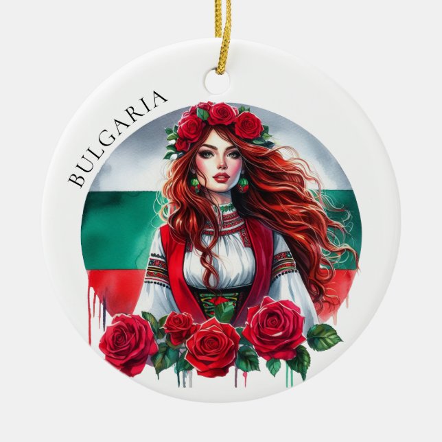 Bulgarian Flag Tradition Folklore Woman Red Roses  Ceramic Tree Decoration (Front)