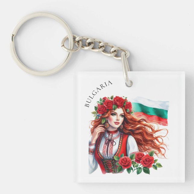 Bulgarian Flag Tradition Folklore Woman Red Roses  Key Ring (Front)