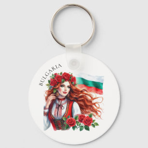 Bulgarian Flag Tradition Folklore Woman Red Roses  Key Ring