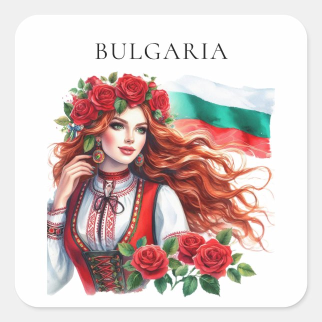 Bulgarian Flag Tradition Folklore Woman Red Roses  Square Sticker (Front)