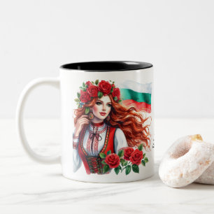Bulgarian Flag Tradition Folklore Woman Red Roses Two-Tone Coffee Mug