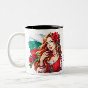 Bulgarian Flag Tradition Folklore Woman Red Roses Two-Tone Coffee Mug