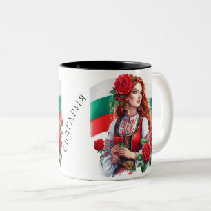 Bulgarian Flag Tradition Folklore Woman Red Roses  Two-Tone Coffee Mug