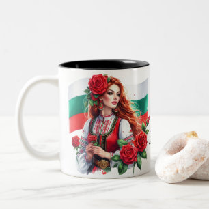 Bulgarian Flag Tradition Folklore Woman Red Roses  Two-Tone Coffee Mug